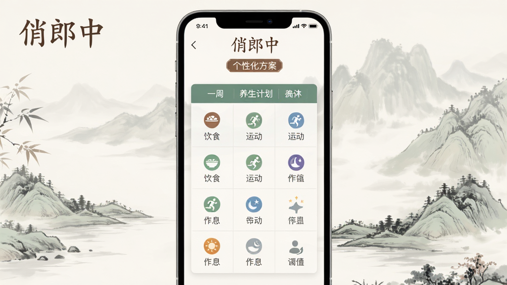 画面主体为俏郎中APP的调理方案页面,手机屏幕显示一周的养生计划表格,包含饮食、运动、作息等图标,背景为淡雅的水墨山水画风格,布局居中,排版清晰,风格融合古典与简约,细节有“俏郎中”字样与“个性化方案”标签,画质高清,干净无多余元素。