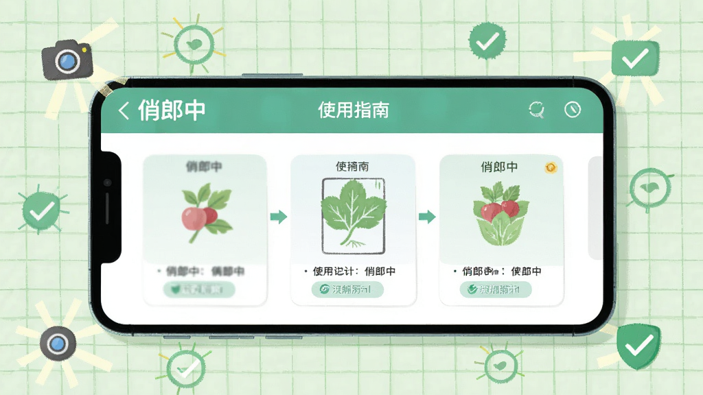 画面主体为一部手机横屏显示俏郎中应用的使用教程步骤图,周围环绕着光线、相机图标与对勾符号,背景为浅绿色网格纸纹理,布局为平铺示意,风格为扁平化插画,细节包括“俏郎中”文字与“使用指南”标题,画质干净,无多余元素。