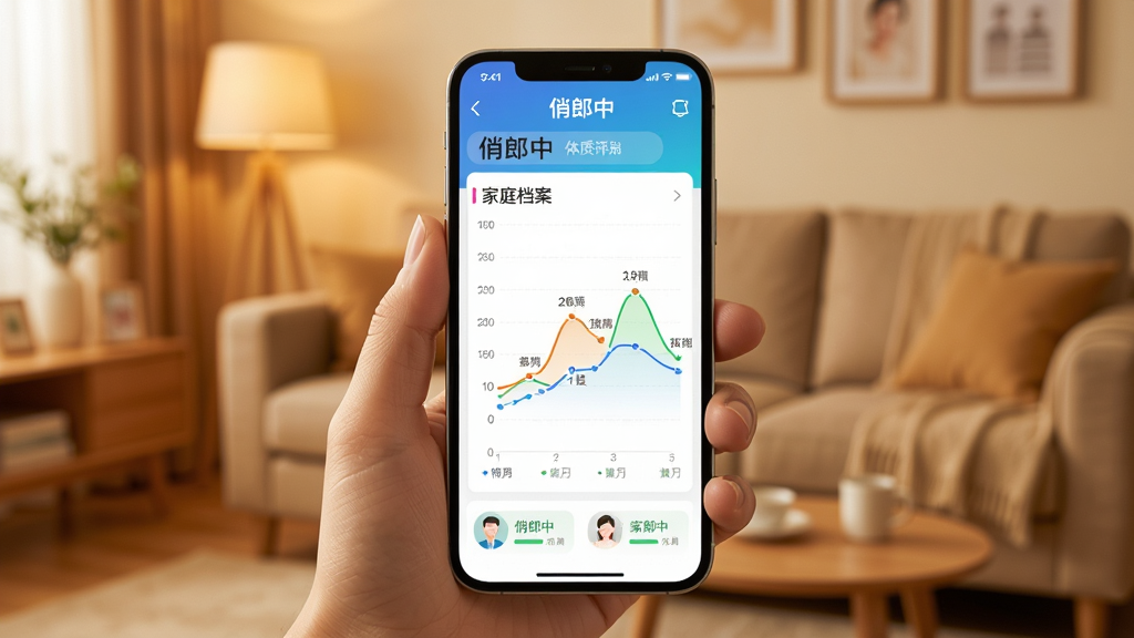 画面主体为手机展示俏郎中APP的家庭健康趋势折线图界面,图表显示多位家庭成员的体质评分曲线,背景为暖色调客厅环境,布局为手机居中手持展示,风格温馨实用,细节包含“俏郎中”与“家庭档案”文字,画质清晰,干净无多余元素。