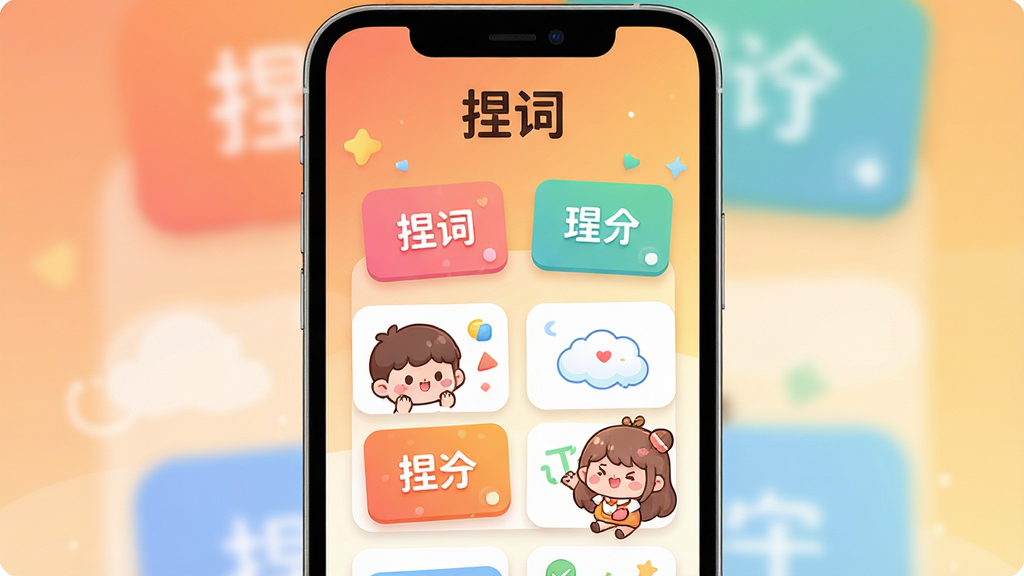 一张充满活力的手机应用预览图,画面中央是“捏词”应用界面,展示可爱的卡通角色与彩色单词卡片,背景为温馨的渐变色,整体排版清晰,风格可爱清新,细节丰富,画质干净无多余元素