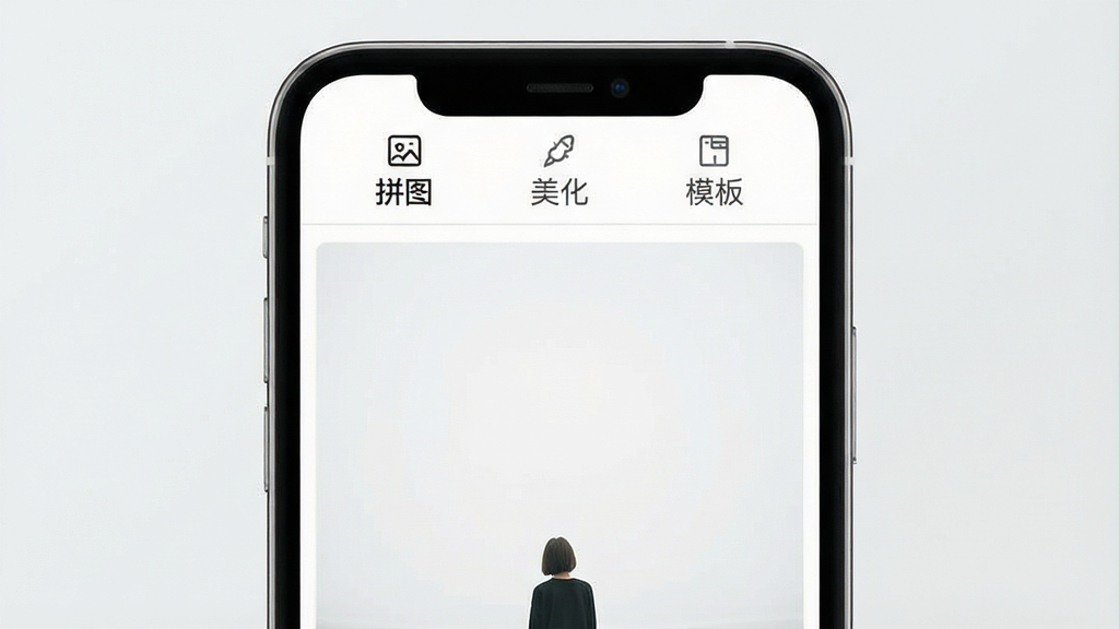 一张手机照片拼图软件的极简操作界面,主体为手机屏幕内显示简洁的主页,上方有“拼图”“美化”“模板”等选项卡,布局干净,排版大方,风格极简,细节精致,画质高清,干净无多余元素