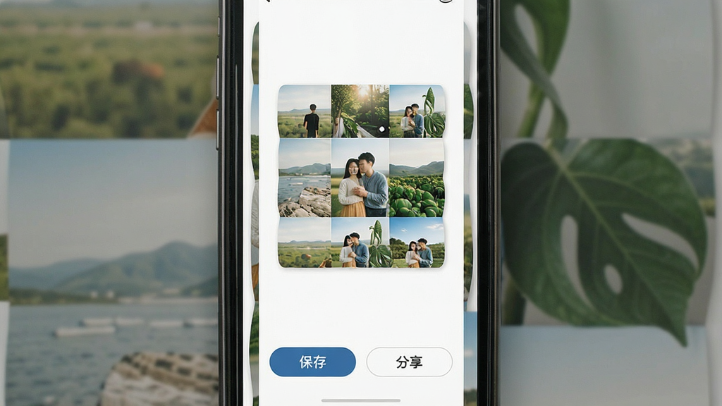 一张手机照片拼图软件的保存分享界面,主体为手机屏幕内显示拼图完成后的预览,屏幕下方有“保存”“分享”按钮,布局简洁,排版清晰,风格干净,细节丰富,画质高清,无多余元素