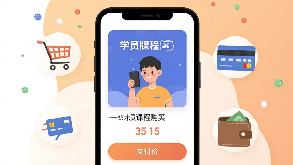 展示创客匠人学员版课程购买界面的插画,手机屏幕内显示课程封面、价格和支付按钮,周围有购物车、银行卡和钱包等小图标,背景为浅橙色与白色渐变,扁平化设计,构图均衡,排版美观,画质干净。
