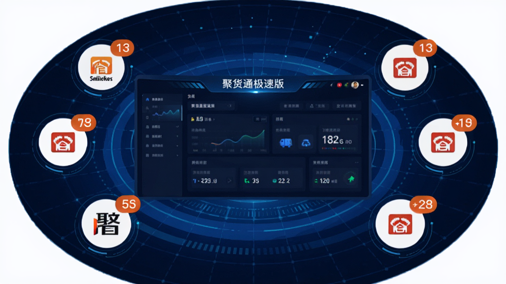 ��������Ϊһ������Ļ�Ǳ��̽��棬������ʾ�ۻ�ͨ���ٰ�Ķ����ۺϿ��壬���ܻ��Ʋ�ͬ����ƽ̨��Բ��ͼ�꣬ÿ��ͼ�궼�����ֽǱ���ʾδ��������������Ϊ����ɫ�Ƽ������񣬲��ֲ��û���ʽ��ͼ�����Ϊ���ݿ��ӻ�UI��ƣ�ϸ�ڰ��������Ķ���Ч��������������չʾ�����ʸ��壬�޶���Ԫ�أ�ͼƬ�и��ԡ��ۻ�ͨ���ٰ桱������