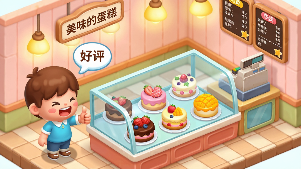 ���壺��Ϸ�е���Ʒ����̽��棬һ�������Ĳ�����̨��չʾ�Ŷ����ĵ��⣬���ɿ�������ݮ��â���ȿ�ζ����̨ǰ��һλ��ͨ�˿��������Ĵָ��ͷ��ð�������������ݡ����֣��������б45���ӽǣ���̨ռ�ݻ����²����˿�λ����࣬�Ҳ��ǵ��̵��������Ͳ˵��塣�Ű棺�����ڲ�װ����ܰ��ǽ��Ϊ����ɫ�����С���ζ�ĵ��⡱���ƣ��ƹ�ů�ƣ�����Ϊ�����ש����񣺿�ͨ��Ӫģ����ɫ���������죬�������Q��ɰ���ϸ�ڣ�ÿ����϶��в�ͬ��ˮ�����ɿ���װ�Σ��˵�����д�ż۸��������ǩ���˿ͱ�����ſ��ġ����ʣ����壬����ɾ��������޶���Ԫ�ء�