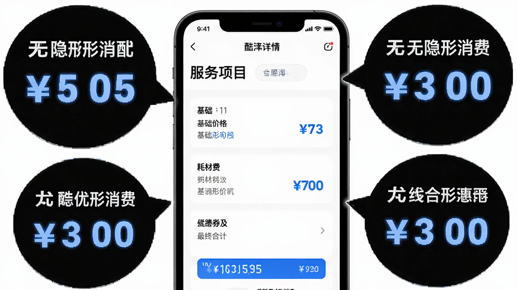 ���壺����APP�ļ۸�����ҳ���ͼģ�ͣ�չʾ�յ���ϴ����ķ��ù��ɡ����֣��ֻ�ģ�;��У���Χ�зŴ�ļ۸���ϸ���ݿ��Ű棺ҳ����ϵ�������Ϊ������Ŀ�������۸񡢺Ĳķѡ��Ż�ȯ�����պϼơ����UI��񣬼��ֱ�ۣ������üӴ���ɫ��ʾ��ϸ�ڣ����ݿ���ͻ����ʾ�����������ѡ�����������Ϊ����ɫ�����ʣ����壬�ɾ����޶���Ԫ�ء�