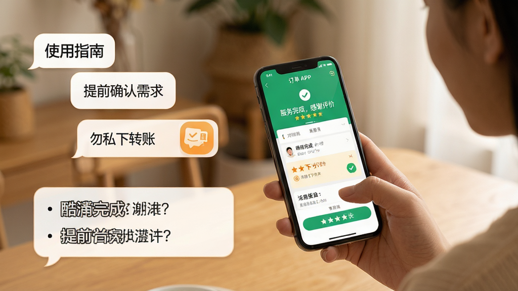 ���壺һλ�û��������ֻ�չʾ����APP�Ķ������ҳ�棬ҳ����ʾ��������ɣ���л���ۡ������Ǻ�����ť�����֣������ڻ����Ҳ�����ֻ�������жԻ������г���ʹ��ָ�ϡ�Ҫ�㡣�Ű棺���½ṹ���Ϸ�Ϊ�������·�ΪҪ�����֣������׶������ʵ����UI��Ϸ��ɫ����ܰ��ϸ�ڣ��ֻ���Ļ���������ɼ�������������Ϊ����ǰȷ�����󡱡�����˽��ת�ˡ������ʣ�ȫ���壬�ɾ����޶���Ԫ�ء�