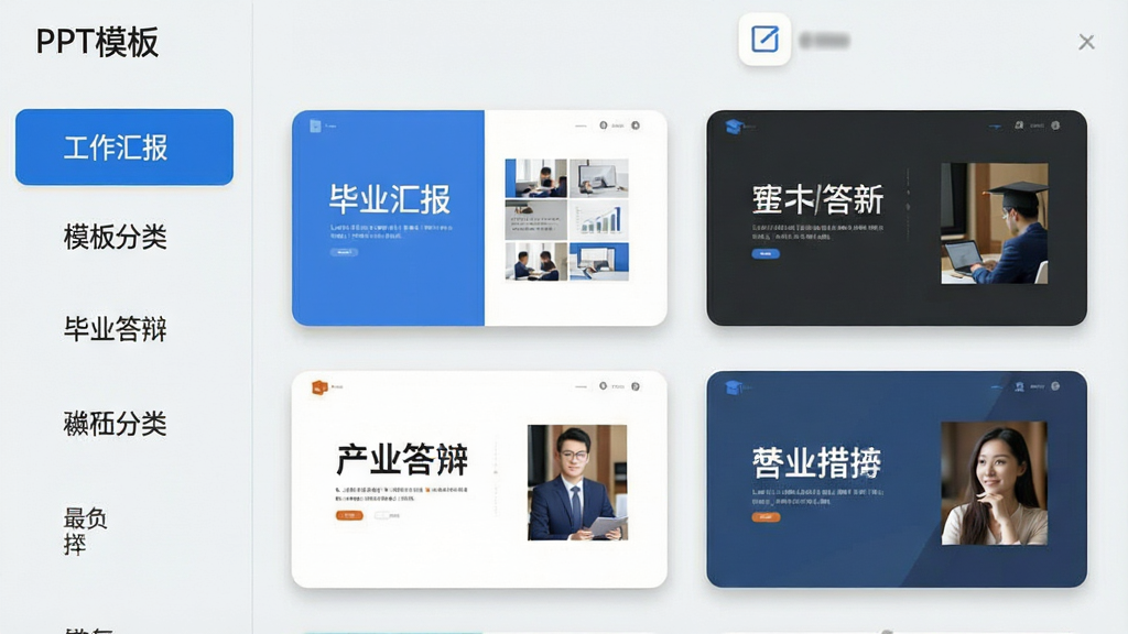 һ��Ӧ�ý�ͼ���ͼƬ������Ϊ��PPTģ�塱������ģ�����ҳ�棬��������ŷ�����Ŀ���硰�����㱨������ҵ��硱�����Ҳ�չʾ��������ģ������ͼ��ÿ������ͼ��ʾ��ͬ��ʽ���棬�����Ű����룬����ǳɫ��������ɫ����ѡ��̬����ƽ��UI���ϸ�ڰ���Բ�ǿ�Ƭ����Ӱ�����������ɾ����޶���Ԫ��