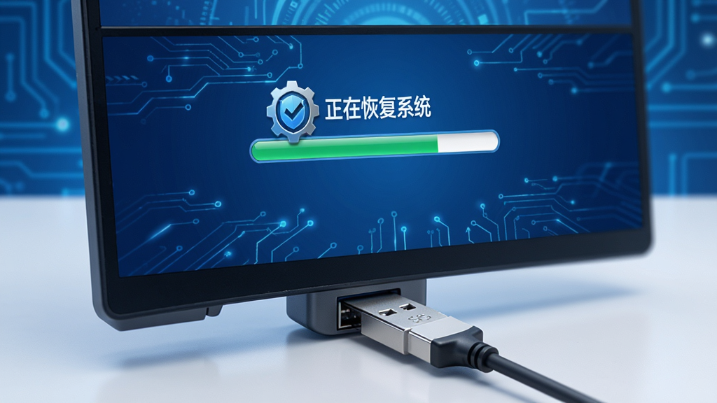 ��������Ӧ��U��������ϵͳ�ָ�������һ��U�̲������USB�ӿڣ���Ļ����ʾ�����ڻָ�ϵͳ��������������Ϊ������ɫ�Ƽ��磬���ʸɾ���ͻ�����������ݡ�Logo