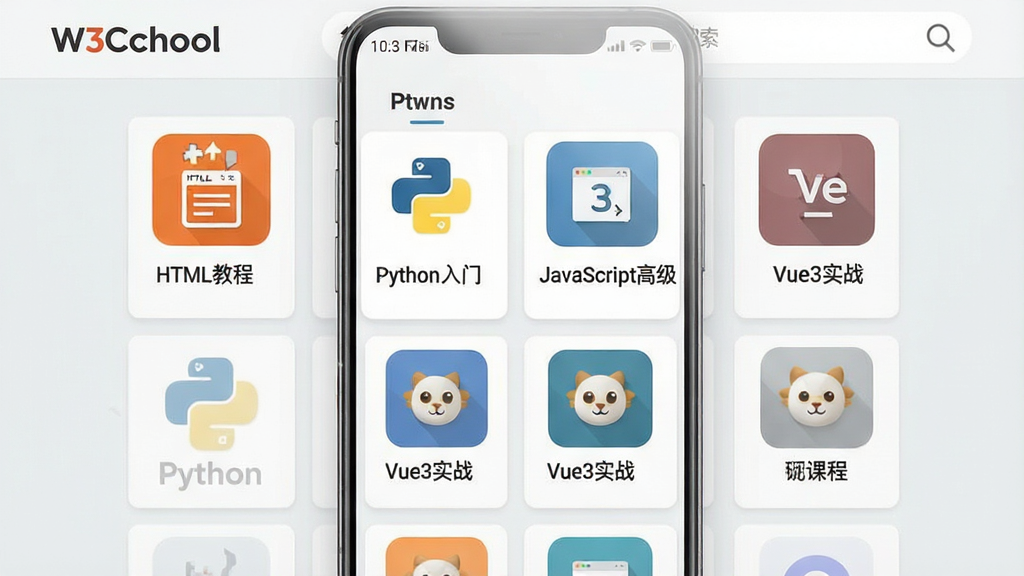 一张展示W3Cschool编程狮海量教程内容的界面截图风格图片,主体为手机竖屏界面,顶部显示“W3Cschool”字样及搜索栏,下方以卡片列表形式整齐排列着“HTML教程”、“Python入门”、“JavaScript高级”、“Vue3实战”等彩色课程图标,背景为浅灰色,整体排版清晰有序,风格简约清爽,画质细腻,突出内容丰富与分类明确的特点。