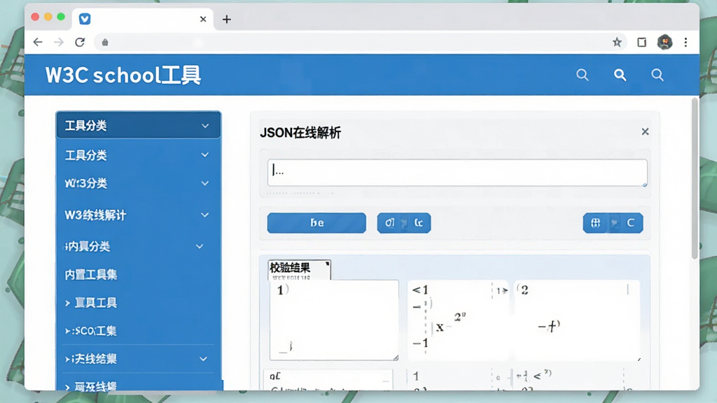 一张展示W3Cschool编程狮内置工具集功能的界面图片,主体为电脑浏览器窗口,窗口中显示“W3Cschool工具”页面,左侧是工具分类列表,右侧展示一个“JSON在线解析”工具的操作面板,面板上方有输入框、格式化按钮和校验结果区域,整体界面干净整洁,蓝白配色,扁平化设计,画质清晰,突出工具的实用性与便捷性。