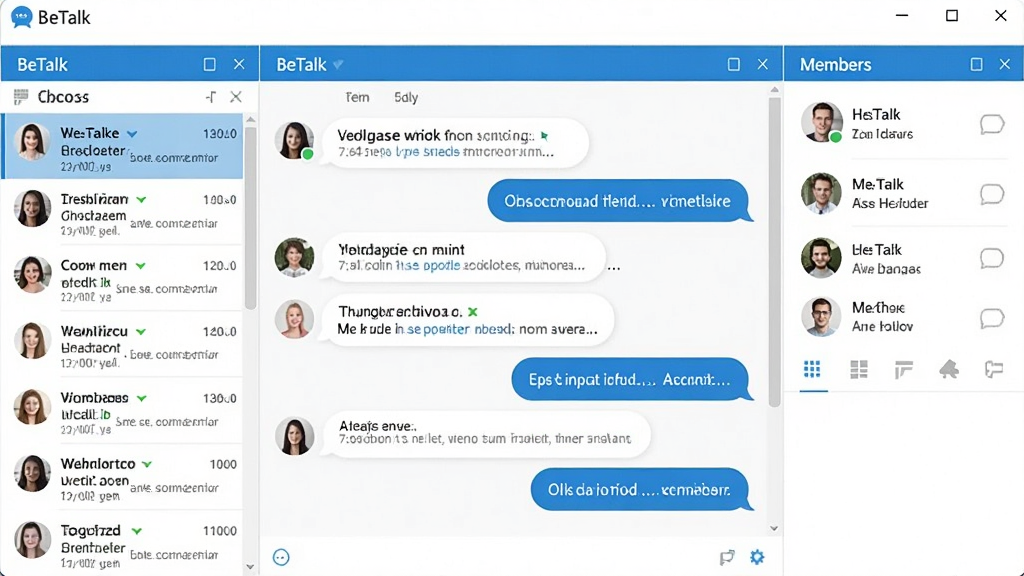 һ��չʾBeTalk����������ĸ����ͼ�����������������б����м�Ի����ں��Ҳ��Ա��Ϣ��壬���岼�ּ�����죬����������ɫ�����ڶ�����ʾ��BeTalk������������ɾ��������޶���Ԫ�أ�����ϸ�壬��ҵ�������