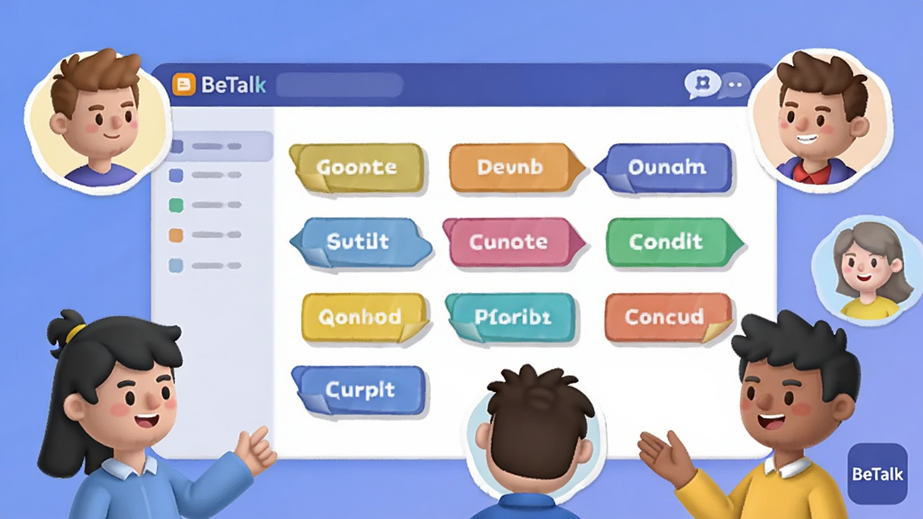 һ��չʾBeTalk�Ŷ�Э�������Ĳ�ͼ����������һ�������Ŷӿ��壬�������Ÿ��ֲ�ɫ�����ǩ����λ��ͨ����ͷ��Χ�ƿ���������ۣ�����ɫ���������ã�ͬʱ��ʾ��BeTalk������С��ʶ�����ʸ��壬�޶������