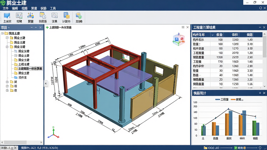 主体:鹏业土建软件主界面,展示三维建筑信息模型与工程量清单面板。布局:左侧为项目树导航,中间为三维模型视口,右侧为工程量计算结果列表与钢筋统计图表。排版:界面采用深蓝色与浅灰色搭配,功能分区清晰,顶部菜单栏包含文件、编辑、视图、算量、钢筋、工具等模块,底部状态栏显示坐标与计算进度。风格:专业商务软件风格,界面整洁明亮,图标设计精细,文字标注“鹏业土建”与“土建钢筋一体化算量”字样。细节:三维模型中显示梁、板、柱、墙等构件,并附带尺寸标注与颜色区分,右侧表格中列出构件名称、数量、体积、钢筋重量等数据。画质:高分辨率渲染,图像清晰锐利,界面元素无锯齿,整体画面干净无多余装饰元素。