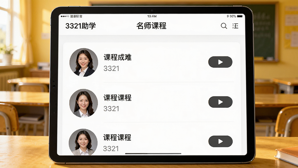 չʾ��3321��ѧ��APP����ʦ�γ��б�����Ľ�ͼ���ͼ�񣬻�������һ��ƽ�������Ļ����Ļ����ʾ�γ��б���������ʦͷ�񡢿γ̱����벥�Ű�ť������Ϊů��ɫ���ҳ�����������ͣ���ͼ���У�ͻ�����߽�������ʵ�У����ʸ��壬ϸ�ڷḻ���޶�������Ԫ�ء�