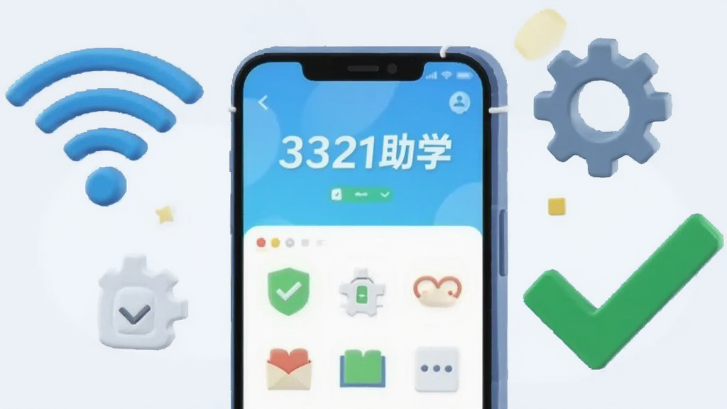 �廭��񣬻�����һ�������ֻ�������ʾ��3321��ѧ��Ӧ�õ������棬��Χ��WiFiͼ�ꡢ��������ͼ�����ɫ�ĶԹ����ţ���ʾ�������ӳɹ��밲ȫ��װ������Ϊǳ����ɫ�����־��У�����2.5D�����񣬻��������ɾ����޶���Ԫ�ء�
