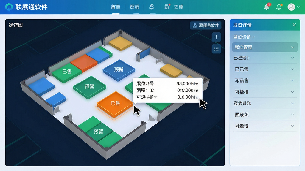 ���壺��չͨ������̨��չλ����ҳ�棬��Ļ������ʾ3Dչ��չλͼ����ͬ��ɫ�������ۡ�Ԥ������ѡ״̬���Ҳ�Ϊչλ������Ϣ�������֣����Ϊչλͼ���������Ҳ�Ϊ��Ϣ��壬����Ϊ���������Ű棺չλͼռ�ݻ���󲿷֣�ɫ�����ֶȸߣ���Ϣ�����Ŀ��������񣺿Ƽ���UI��ƣ�ɫ������ɫ����ɫΪ�������Գ�ɫ����ѡ��չλ��ϸ�ڣ����ָ����ͣ��һ��չλ�ϣ�չ��С������ʾչλ��š������۸񣬽����������������ʣ�����UI���ͼ���ɾ����޶���Ԫ�ء�