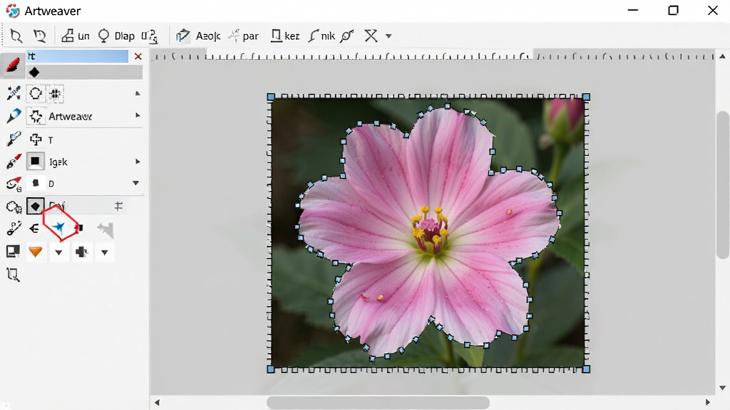 Artweaver ������ʹ��ħ������ѡȡͼ���л�������Ľ��棬ѡ����Ե�������ߣ������ϻ��䱻ѡ�У�����ѡ�����ɼ�������ֱ�ۣ����ʸɾ����޶���Ԫ�ء�