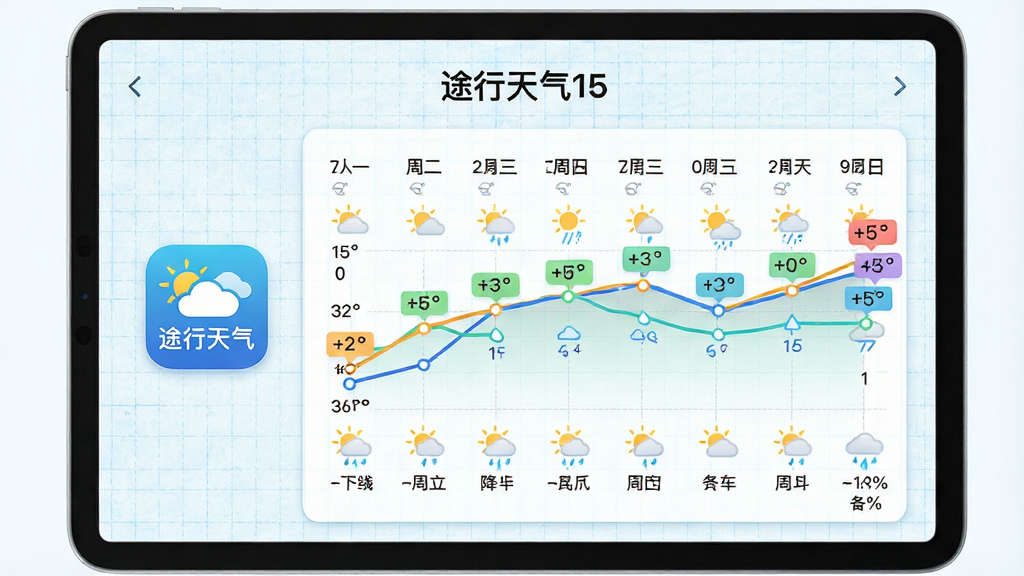 平板电脑上展示“途行天气”的15天预报页面,屏幕内有多日气温折线图与晴雨图标,背景为浅蓝色网格纸风格。左侧有“途行天气”应用图标,右侧图表线条清晰,温度数值用彩色标注。整体排版为数据可视化风格,明亮简洁,细节包含日期、星期、降水概率百分比,画质高清无多余元素。