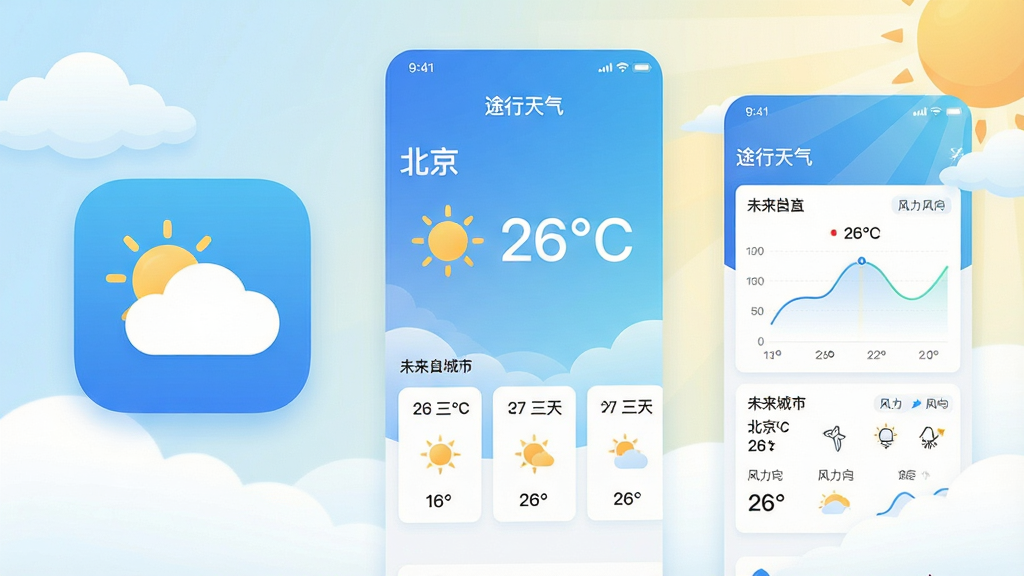 画面中央展示一款名为“途行天气”的手机应用,界面为清新的蓝白渐变色,主屏幕显示当前城市“北京”的实时温度26℃,天气图标为晴空,下方排列未来三天预报卡片。整体布局简洁,左侧为应用图标特写,右侧为功能界面截图,背景为柔和的云朵与阳光插画。排版采用扁平化设计,细节包含气温曲线图、风力风向数据,画质高清干净,无多余元素。