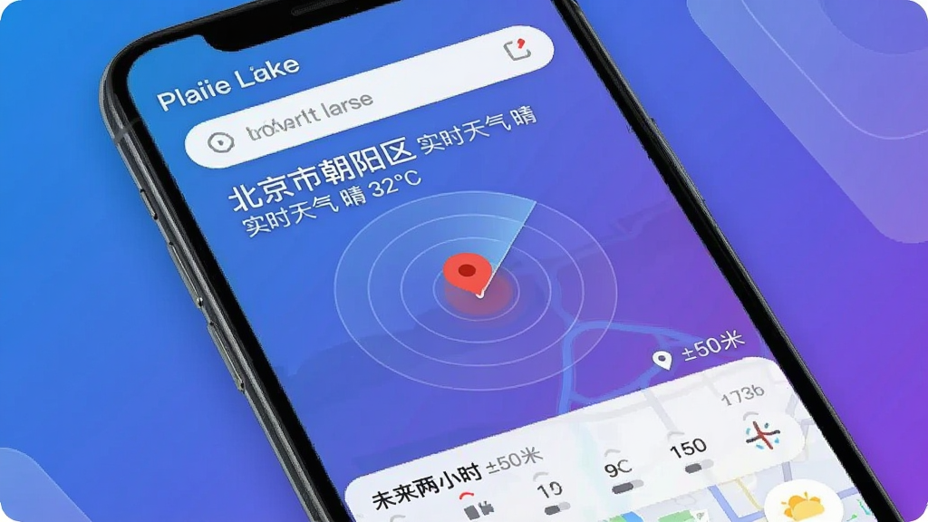 手机屏幕显示“途行天气”的定位功能界面,地图上有一个红色定位图标,周围以雷达波纹向外扩散,上方显示“北京市朝阳区 实时天气 晴 32℃”。布局上方为城市搜索栏,下方为未来两小时降雨预报条。风格为现代科技感UI,蓝紫色渐变背景,细节包含定位精度“±50米”字样,画面干净无多余元素。