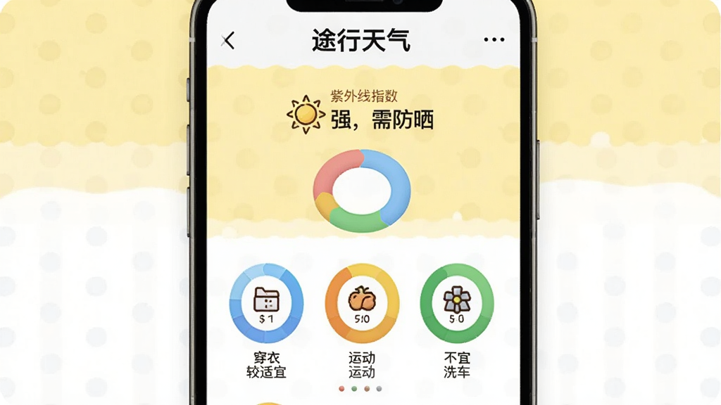 智能手机竖屏展示“途行天气”的生活指数页面,顶部显示紫外线指数为“强,需防晒”,下方用彩色圆环图展示穿衣、运动、洗车等指数。背景为淡黄色与白色相间,图标风格可爱卡通,排版简约,细节包含指数等级描述“较适宜”“不宜”,画质干净无多余元素。