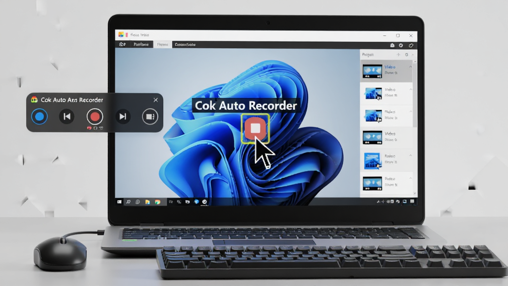 ���壺һ̨����Windowsϵͳ�ıʼǱ�������Ļ��ʾCok Auto Recorder�����棬�Ա������ͼ��̡����֣����Ծ��У��������¼�ƿ��������Ҳ�����Ƶ�ļ��б����Ű棺�����࣬�˵������������дʵ3D��Ⱦ��������͡�ϸ�ڣ���Ļ����ʾ��Cok Auto Recorder��������¼�ư�ť�����ָ����������ʣ�8K���壬�ɾ����޶���Ԫ�ء�