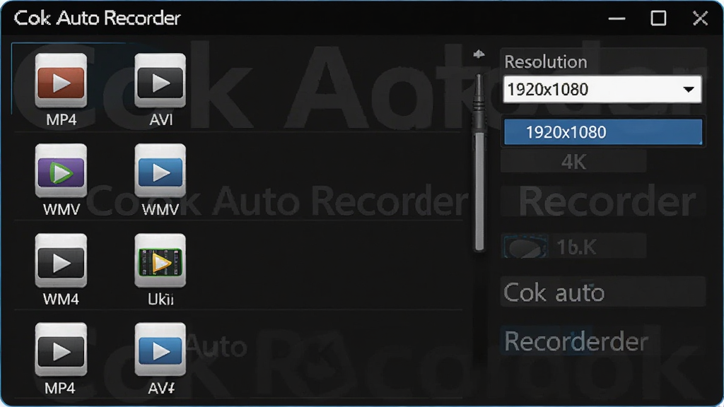 ���壺Cok Auto Recorder�ĸ�ʽѡ����棬��ʾ������Ƶ��ʽͼ�ꡣ���֣�������У���ʽѡ�����б����У��Ҳ��зֱ��������˵����Ű棺������������дʵͼ����ϸ�ڣ���ʽ�б�����MP4��AVI��WMV���ֱ���ѡ�����С�1920x1080��ѡ������С�Cok Auto Recorder��ˮӡ�����ʣ�4K���壬�ɾ����޶���Ԫ�ء�