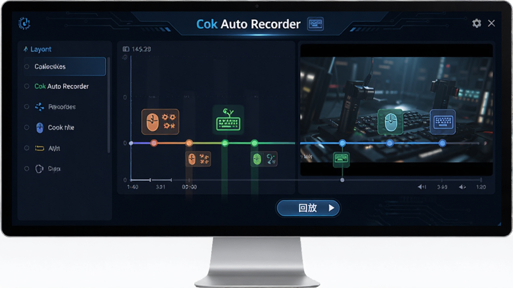 ���壺������Ļ��ʾCok Auto Recorder�Ĳ�����¼ʱ���ᣬ�������ͼ���ͼ�ꡣ���֣����Ϊ�����б����Ҳ�ΪԤ�����档�Ű棺ʱ����������У������ڵ��ò�ͬ��ɫ��ǡ���񣺿Ƽ���UI��ơ�ϸ�ڣ��������С�Cok Auto Recorder��������ʱ�����·��С��طš���ť�����ʣ��߷ֱ��ʣ��ɾ����޶���Ԫ�ء�