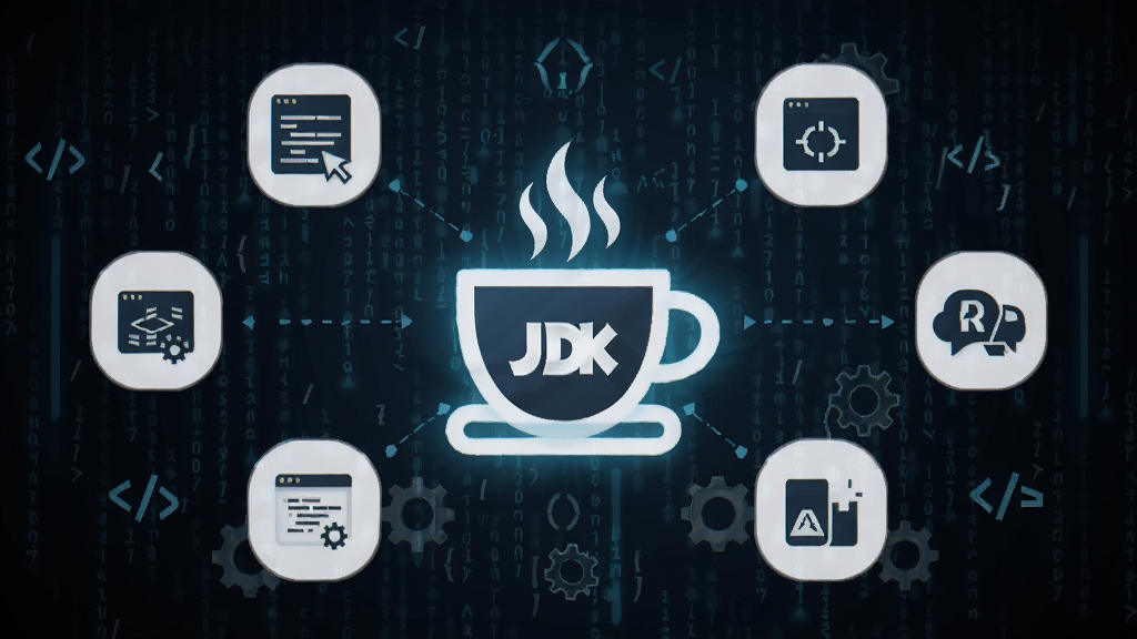 һ��չʾJava SE Development Kit��JDK�����Ĺ��ܵĿ�������ͼ������Ϊ����Ĵ����걳������������һ������Ŀ��ȱ�logo����Χ�����ű��롢���ԡ����е�ͼ�꣬���ֲ������ĶԳƣ��Ű�����������ƫ�Ƽ�����רҵ�У�ϸ�ڰ���������źͳ���Ԫ�أ����ʸ���ɾ����޶���Ԫ��
