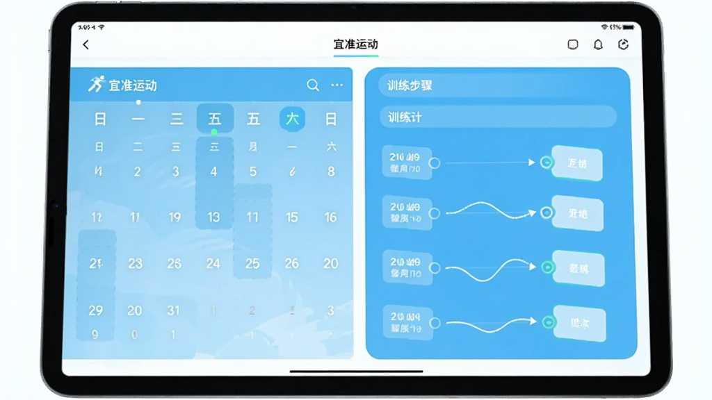 һ̨ƽ����Ժ���չʾ����׼�˶���APP��ѵ���ƻ�ҳ�棬�����������ͼ���Ҳ�����ϸ��ѵ������ֽ�ͼ�����������������죬ͼ������������ɫ�ʴ�����ǳ���Ͱ�ɫΪ��������ɾ����࣬�޶���Ԫ�ء�