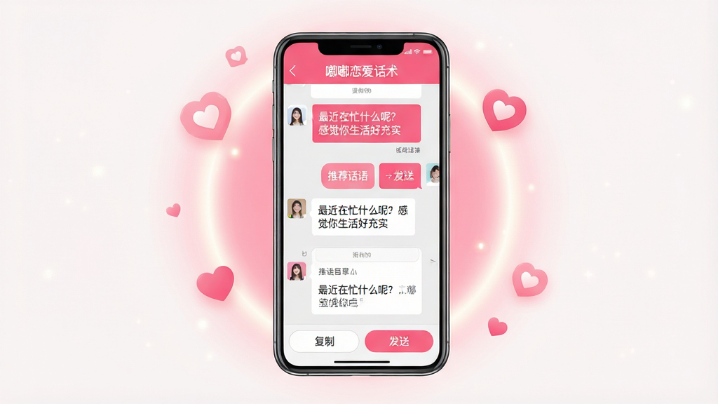 ���壺�����ֻ���Ļչʾ��������������App���棬�����ڳ���΢������Ի���ͻ����Ƽ���Ƭ�����֣��ֻ�λ�ڻ������룬�������������ɼ�����Χ����͵Ĺ��κͰ���ͼ���׺���Ű棺�ֻ�����չʾ��������ϵ�������Ϊ�������ơ����������������Ի����ݡ��Ƽ�������ť������ִ���ƽ�����ɫ�����죬�Էۺ�ɫ�Ͱ�ɫΪ��ɫ����ϸ�ڣ����������ڰ���һ�䡰�����æʲô�أ��о�������ó�ʵ����ʾ���������ײ��С����ơ��͡����͡���ť�����ʣ�4K���壬�ɾ����޶���Ԫ�ء�