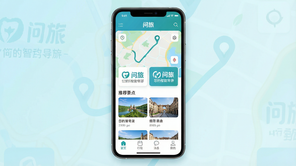 ���壺�����ֻ���Ļչʾ�����á�App�����棬������������Ȼ������Ϊ����ɫ���䣬ͼ����Ƽ���ִ�����ɫ��Ϊ����ɫ���ײ��������С���ҳ�������г̡�������Ϣ�������ҵġ��ĸ�ͼ�ꡣ���֣��ֻ����У���Ļ��������ʾ��ͼ·���뾰�㿨Ƭ����Ƭ���С����á�Logo�͡��������ܵ��Ρ��������Ű棺���½ṹ���ϲ�Ϊ��ͼ�����²�Ϊ�Ƽ������б�����񣺱�ƽ����ƣ�ϸ�ڷḻ�����ʸ��壬�ɾ��޶���Ԫ�ء�