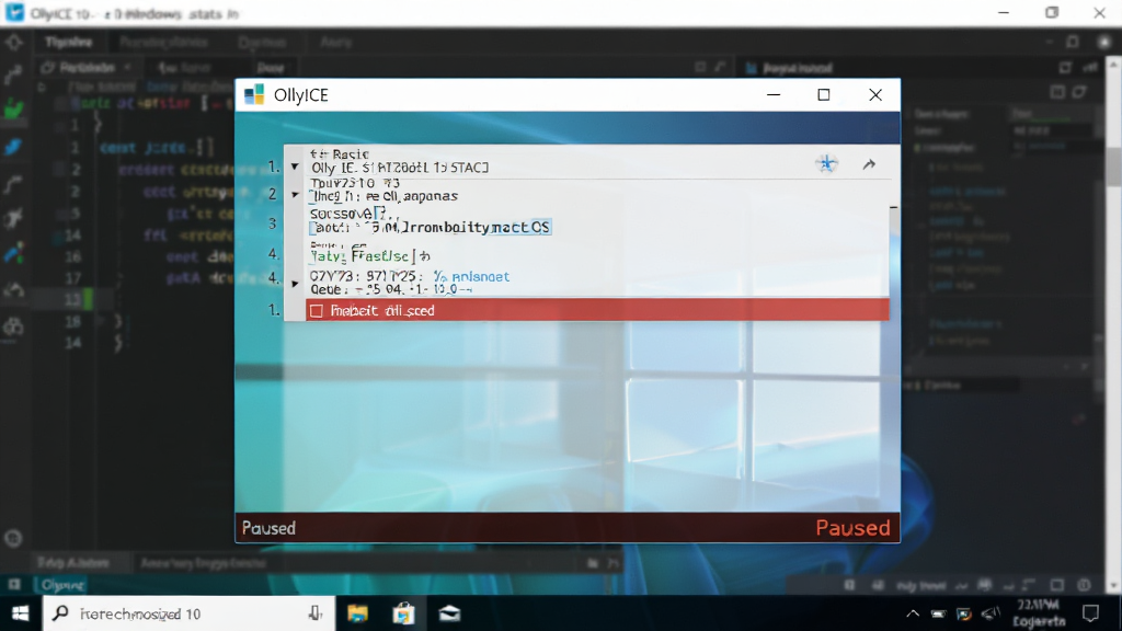 ���壺OllyICE��Windows 10���������У���ʾ�ϵ�����״̬�����֣����ھ��У�����ģ���Ĵ���༭�����Ű棺��Ϣ�������������ִ���Լ��ϸ�ڣ��ϵ��и���Ϊ��ɫ��״̬����ʾ��Paused�������ʣ��������ɾ����޶���Ԫ��