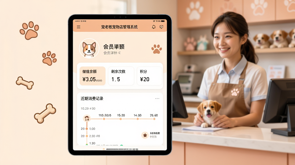 会员管理页面示意图:平板电脑竖屏展示“宠老板宠物店管理系统”的会员详情页,页面顶部是宠物头像与会员姓名,下方以卡片形式展示“储值余额”、“剩余次数”、“积分”,并配有近期消费记录时间线,周围散落着猫爪、狗骨头等可爱图标,界面柔和暖色调,演示场景为宠物店前台,背景有店员微笑服务,画面主体突出,排版现代,AI生成质感,干净无杂乱