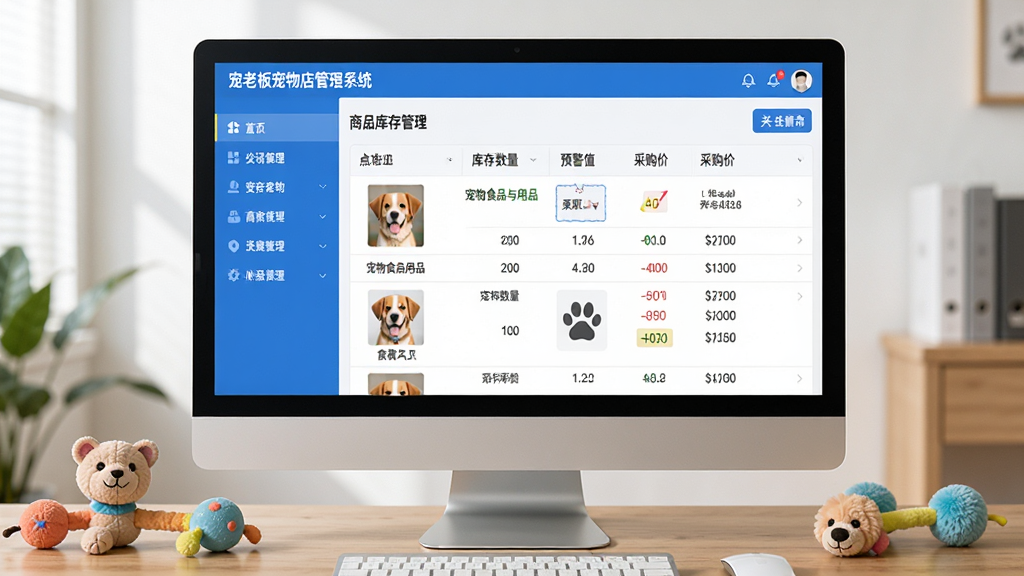 功能界面预览图:电脑屏幕上展示“宠老板宠物店管理系统”的商品库存管理界面,左侧为清晰的功能导航栏,右侧表格中陈列各类宠物食品与用品,包含“库存数量”、“预警值”、“采购价”等列,界面采用蓝白配色,信息层级分明,截图风格干净专业,屏幕置于木质桌面上,旁边放有宠物玩具,画面构图规整,细节丰富,画质高清