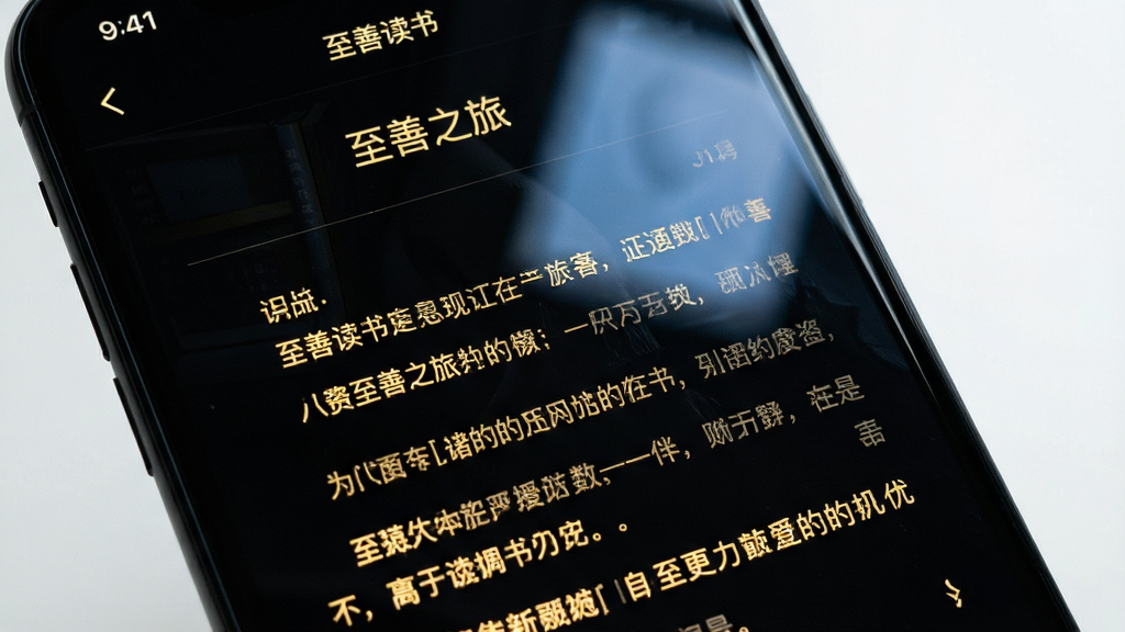 ͼƬ����Ϊ�����ƶ��顱APPҹ��ģʽ�µ��Ķ�������д�����汳��Ϊ���ɫ��������ʾΪ��͵�ů��ɫ����Ļ�϶���ʾ�鼮���ơ�����֮�á�������Ϊ�ֻ�����ȫ��չʾ���Ű����ʣ��о����ʡ����дʵ��ϸ�����ܿ�����Ļ��΢�ķ�������Ĥ����Ч��������ϸ�壬�ɾ��޶���Ԫ�أ�ͻ�����׵��Ķ���Χ��
