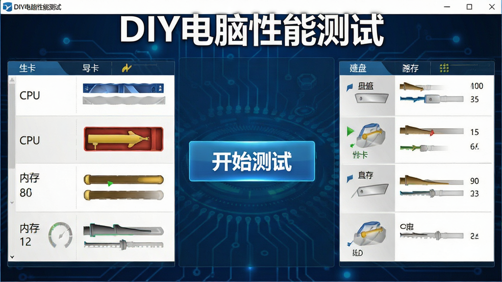 һ��չʾDIY�������ܲ�������������ĸ����ͼ���������CPU���Կ����ڴ桢Ӳ�̵�Ӳ����Ϣ�б�����������Ŀ�ġ���ʼ���ԡ���ť������Ϊ����ɫ�Ƽ��з���Ϸ����������ơ�DIY�������ܲ��ԡ����������岼������������ϸ�壬�ɾ��޶���Ԫ��
