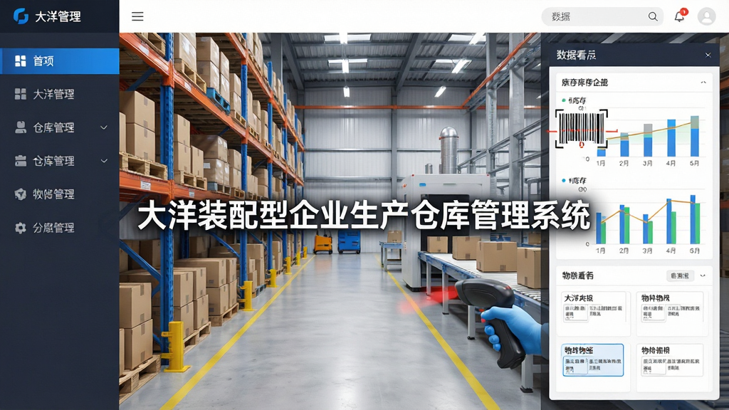 画面主体为一套现代化的仓库管理软件界面,界面中央显示“大洋装配型企业生产仓库管理系统”字样,背景是整洁的货架与生产车间,布局采用左右分栏设计,左侧为功能导航,右侧为数据看板,风格简洁明亮,细节包含条形码扫描、库存图表与物料标签,画质高清干净无多余元素