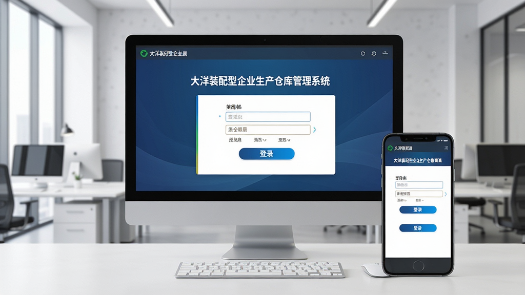 画面主体为电脑与手机并排放置,屏幕显示“大洋装配型企业生产仓库管理系统”的登录界面,背景为现代办公室,布局采用对称构图,风格商务简约,细节包含用户名输入框与登录按钮,画质清晰干净无多余元素