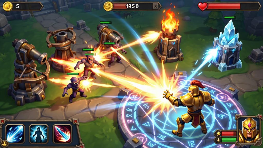 ���壺Realm Defense��Ϸ���棬һλ������ɫ���׵�Ӣ����ħ����ǰ�ͷ��ռ����ܣ���Χ�����������ķ�������������������������������ͬʱ�������ˡ����֣�Ӣ��λ�ڻ������²࣬������Ч�ʷ���״��������Ⱥ������·���������Ű棺���涥����ʾ���������ֵ�����½��м���ͼ�꣬�Ҳ�ΪӢ��״̬������񣺶�̬��Ӱ��ս����Ч������ϸ�ڣ����ܳ��������¥������������˱����к�Ľ�ֱ״̬��UIͼ�꾫�¡����ʣ��߷ֱ�����Ⱦ��ɫ���������ɾ��޶���Ԫ�ء�