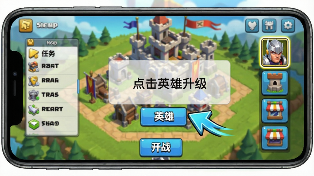 ���壺�ֻ���Ļ��ʾRealm Defense���ֽ̳̽��棬һ����ʾ��ָ��Ӣ�ۡ���ť�����֣���������Ϊ��Ϸ���ǽ��棬����������б����Ҳ���Ӣ�ۡ���¥���̵�ͼ�꣬�·�Ϊ��ս��ť���Ű棺�̳���ʾ���԰�͸����ɫ���֣���������Ϊ�����Ӣ�������������������࣬UI������ϸ�ڣ�Ӣ��ͷ�������ߣ���ʾ��ͷ��̬Ч���������Ǳ������Ŀɼ������ʣ�1080p���ɾ��޶���Ԫ�ء�