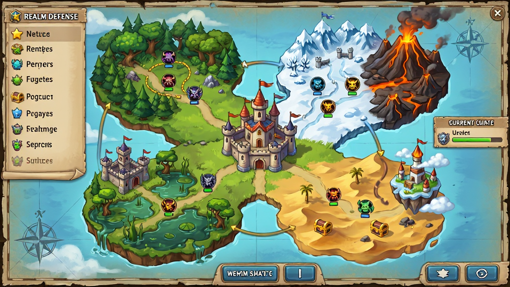 ���壺Realm Defense�����ͼ��չʾ������ͬ���Ĺؿ�����ÿ�������б�־�Խ�������Ρ����֣���ͼ���ֻ�����֣�����Ϊ�Ǳ���Ŧ�����ֲܷ�ɭ�֡�ѩԭ����ɽ��ɳĮ�����������֮�ǡ��Ű棺��������������б����Ҳ���ʾ��ǰ������ȣ��ײ�Ϊ�����л���ť�����ɫ�ʷḻ������ϸ�壬������û汾�ʸС�ϸ�ڣ�������С����bossͼ�ꡢ·�������ߡ���ɫ�����ǣ������������������ʣ�ȫ���壬�޶���Ԫ�ء�