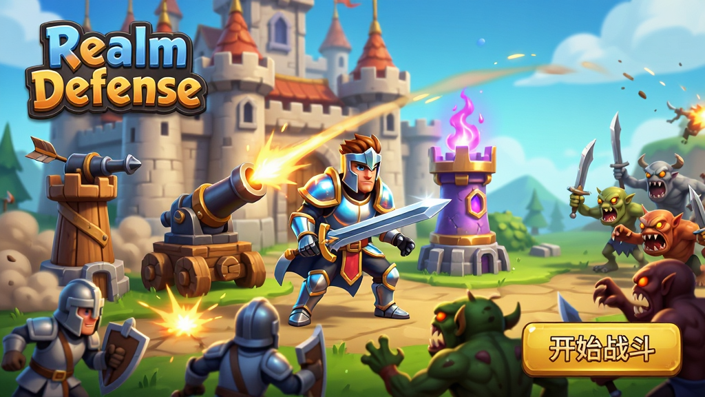 ���壺Realm Defense��Ϸ���Ӿ���չʾ�Ǳ�ǰӢ������ַ�����������ս�ĳ��������˴���Ļ�Ҳ��ӵ���������֣���������ΪӢ�۳ֽ�վ������Χ���Ƽ�������̨��ħ������ǰ����ʿ������ｻս�Ķ�̬˲�䡣�Ű棺����Ϸ���ʾ��ϷLogo��Realm Defense�����Ҳ��·��н�ɫ����ʼս������ť�����������ͨ��Ⱦ��ɫ�ʱ��ͣ��������ʷʫ�С�ϸ�ڣ�Ӣ�ۿ��׷��⡢��¥����켣�������������������ɼ���ս������������ʣ�4K���壬ϸ�ڷḻ���ɾ��޶���Ԫ�ء�