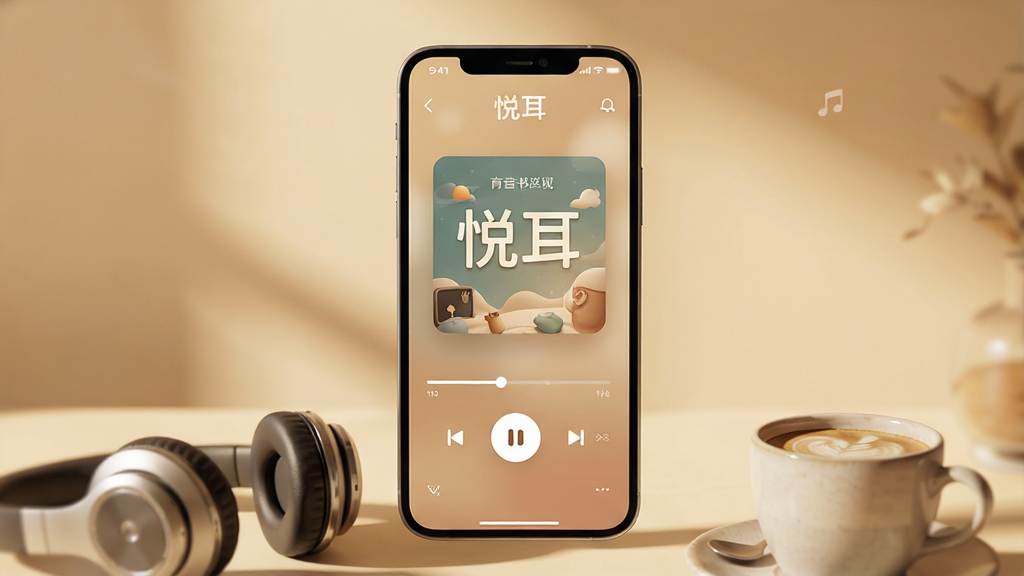 主体:一款名为“悦耳”的手机应用界面,屏幕中央是播放器页面,显示有声书封面,封面标题为“悦耳”。布局:手机竖屏居中放置,下方辅以耳机和咖啡杯道具,整体画面干净。排版:手机屏幕内显示简洁的播放控制条,封面下方有播放按钮和进度条。风格:现代简约,暖色调背景,柔和光影,营造舒适聆听氛围。细节:手机屏幕上有“悦耳”字样,画面边缘有轻微虚化,突出主体。画质:高清渲染,干净,无多余元素。