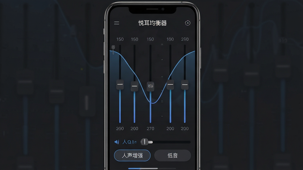 主体:“悦耳”应用均衡器设置界面,屏幕内显示十个频段滑块。布局:手机竖屏放置,背景为深灰色调,突出屏幕内容。排版:均衡器曲线呈V字形,下方有“人声增强”、“低音”等预设按钮。风格:深色模式,科技感,线条简洁。细节:屏幕顶部显示“悦耳均衡器”字样,滑块周围有频率数值标注。画质:高清,干净,无多余元素。