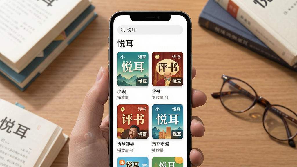 主体:“悦耳”应用内容库界面,屏幕内展示多本有声书封面缩略图,封面文字标有“小说”、“评书”等分类。布局:手机屏幕居中,背景为木质书桌,散落几本实体书和一枚眼镜。排版:界面采用网格布局,每个封面下方有简短标题和播放量。风格:明亮清新,色彩丰富但不杂乱,带有生活气息。细节:封面图包含“悦耳”logo水印,屏幕顶部搜索框显示“悦耳”二字。画质:高清,干净,无多余元素。