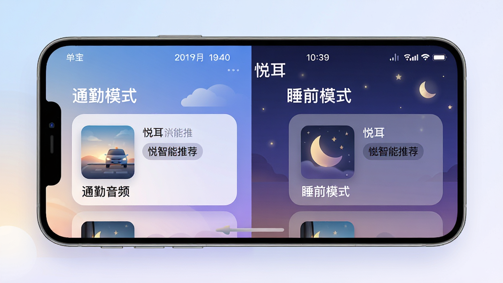 主体:“悦耳”应用场景推荐功能演示,手机屏幕左侧显示“通勤模式”,右侧显示“睡前模式”。布局:手机横屏居中,背景为渐变蓝紫色,模拟清晨与夜晚两种色调。排版:屏幕内以卡片形式展示推荐音频,每张卡片有封面与标签。风格:科技感与温馨结合,界面圆润,色彩过渡自然。细节:卡片上标明“悦耳智能推荐”,屏幕上方有日期和时间。画质:高清渲染,干净,无多余元素。