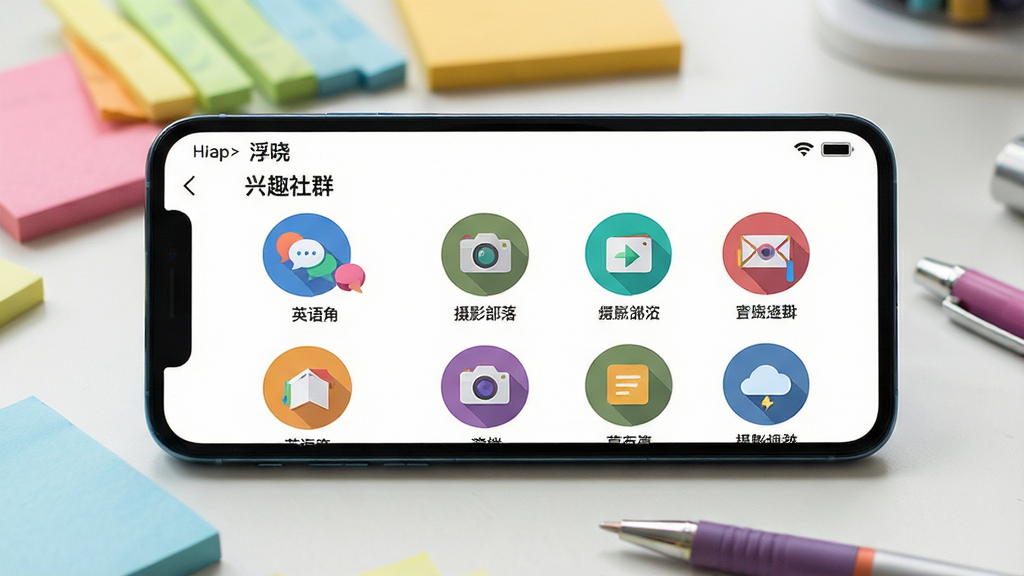 构图主体为手机屏幕截图,展示“浮晓”App内“兴趣社群”列表页面,包含多个彩色圆形图标标识不同兴趣小组,如“英语角”、“摄影部落”等。手机横向放置在桌面上,周围有彩色便签纸和笔。布局为中心特写,界面元素清晰可见,风格为清新扁平化设计,色彩丰富但协调,画质细腻,背景轻微虚化,无多余元素。