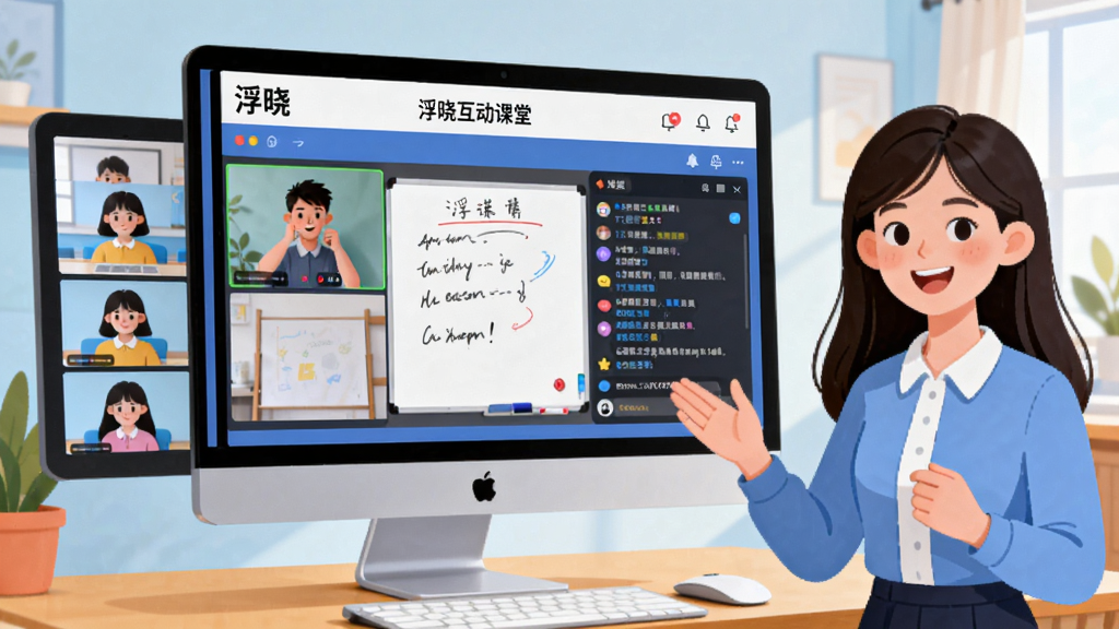 图片主体为一间明亮的现代化在线教室场景,电脑屏幕上显示“浮晓”互动课堂界面,包含视频窗口、白板区域和弹幕聊天栏。画面右侧一位年轻女老师正对着摄像头微笑讲解,左侧是学生端画面缩略图。布局采用左右分屏式,整体色调明亮活泼。排版清晰,UI元素有序排列,风格为扁平插画与写实结合,细节丰富,画质干净,无多余杂乱元素。